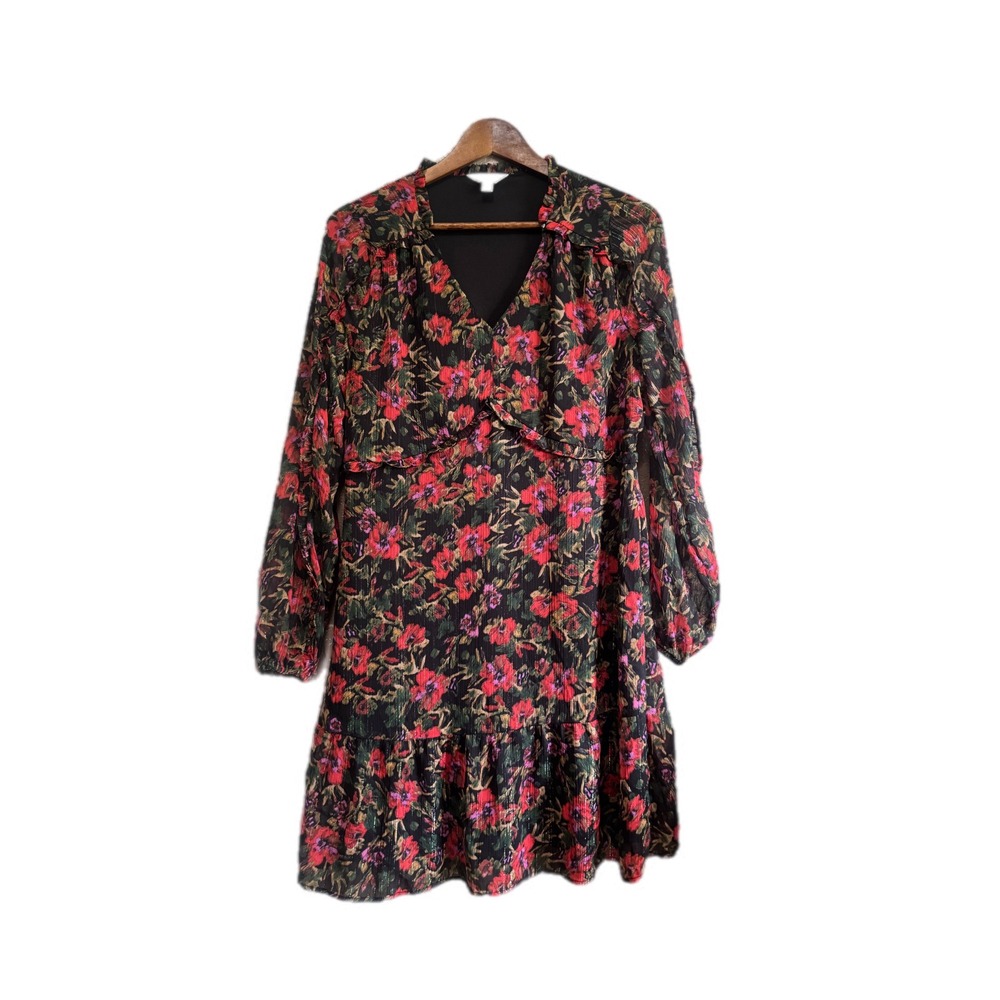Time and Tru‎ Floral Mini Dress Womens Small 4-6 Black Red Metallic Ruffle Lurex